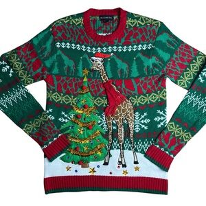 Blizzard Bay Ugly Christmas Sweater Festive Giraffe and Tree w/ 3D Decor